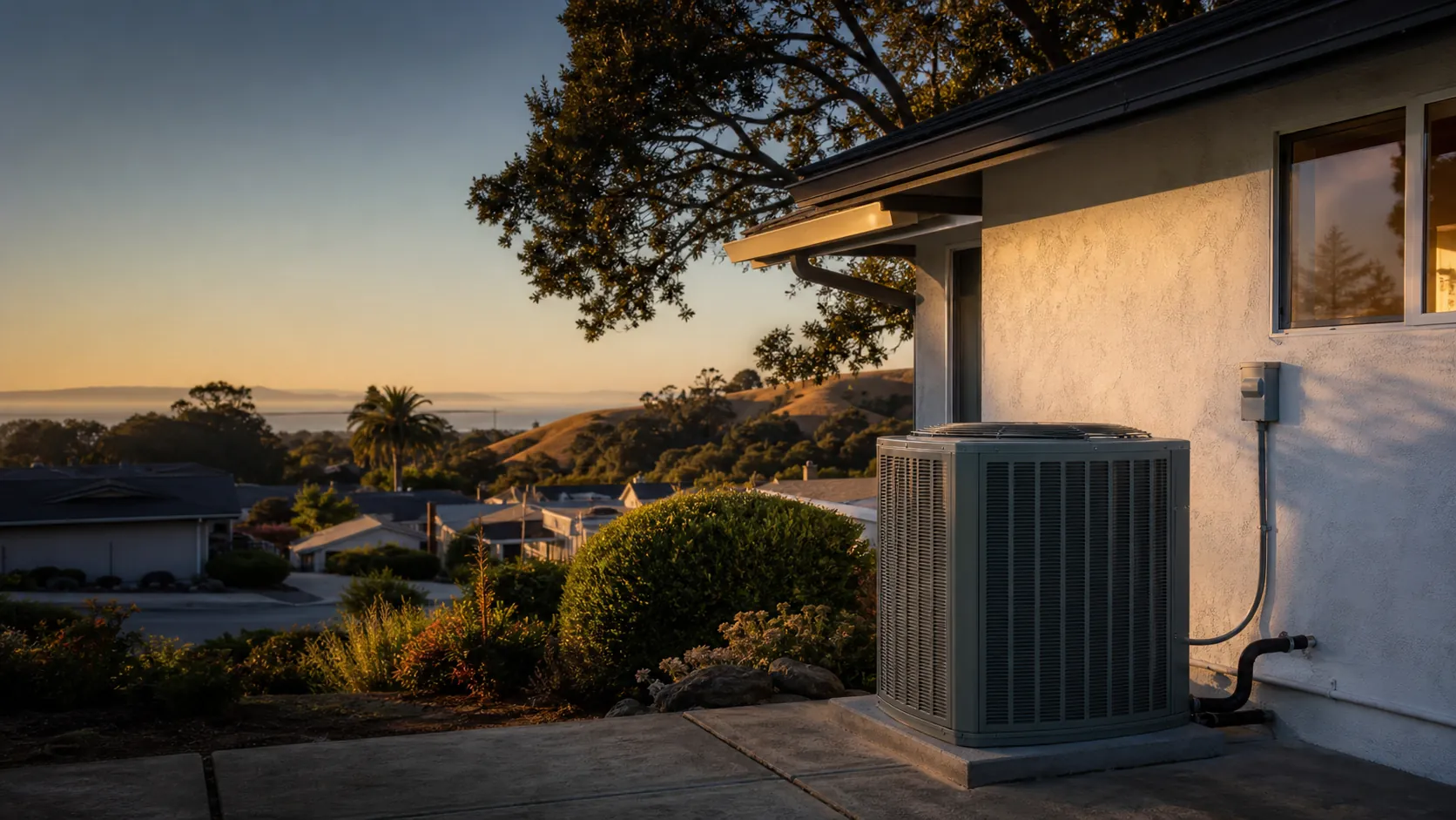 Modern outdoor air-conditioning condenser beside a suburban San Leandro home with the golden East Bay hills in the background at late afternoon.